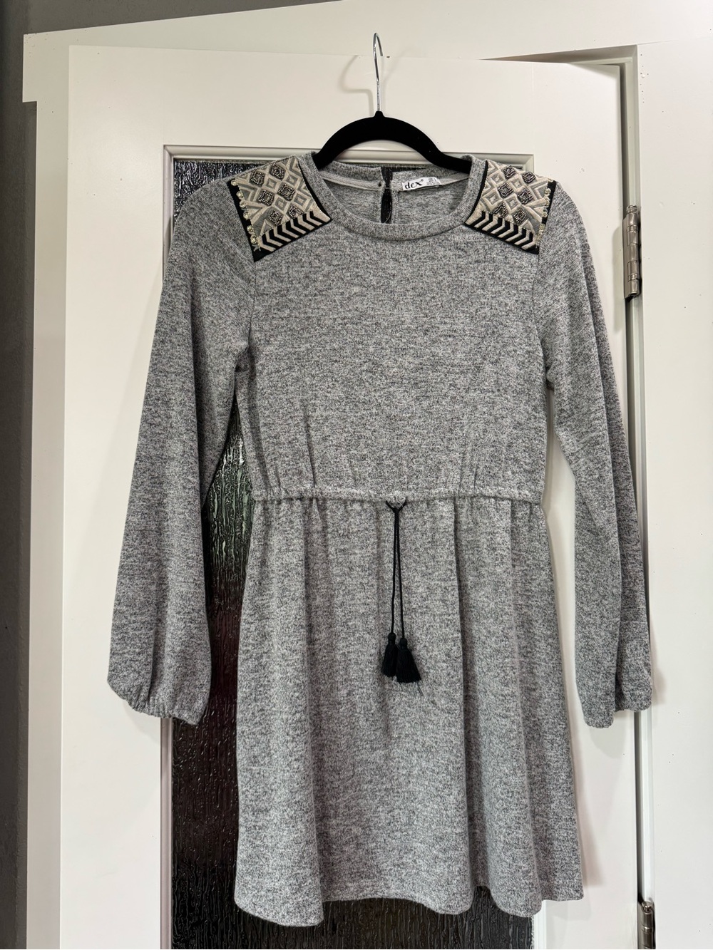 Grey Long-Sleeve Knit Dress with Embroidered Shoulders